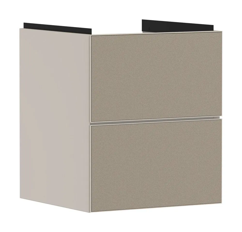 Weißer Waschtischunterschrank mit zwei Schubkästen, geeignet für ein Handwaschbecken, präsentiert von Hansgrohe. Schubladenfront in sandbeigem Finish.
